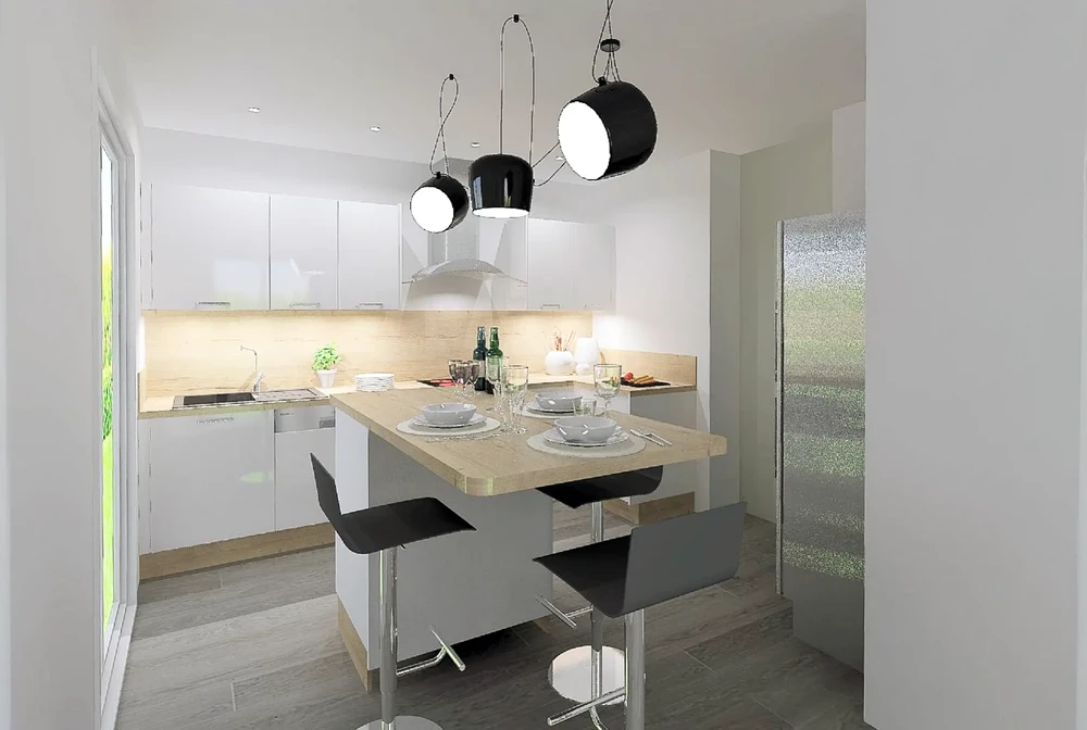 Cuisine moderne ouverte avec îlot central et espace repas intégré