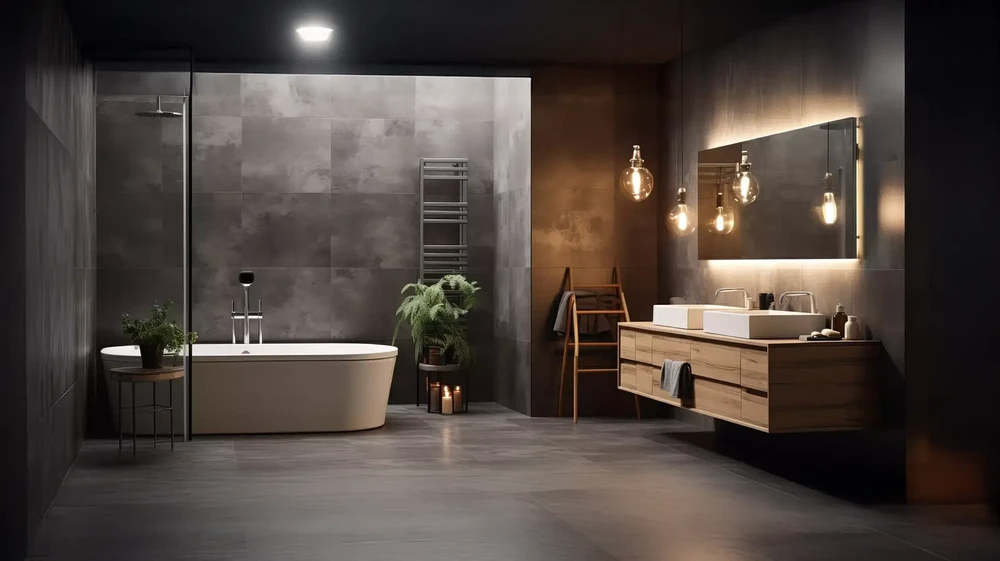 Salle de bain contemporaine luxueuse avec baignoire îlot blanche, douche italienne vitrée, meuble vasque suspendu en bois naturel