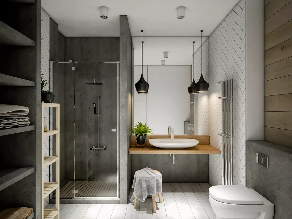 Salle de bain moderne avec douche à l'italienne, vasque blanche sur plan de travail bois, miroir rectangulaire et suspensions noires