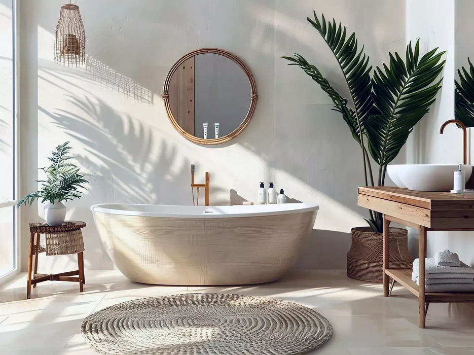 Salle de bain moderne avec baignoire îlot blanche ovale, vasque ronde sur meuble en bois naturel, robinetterie cuivrée