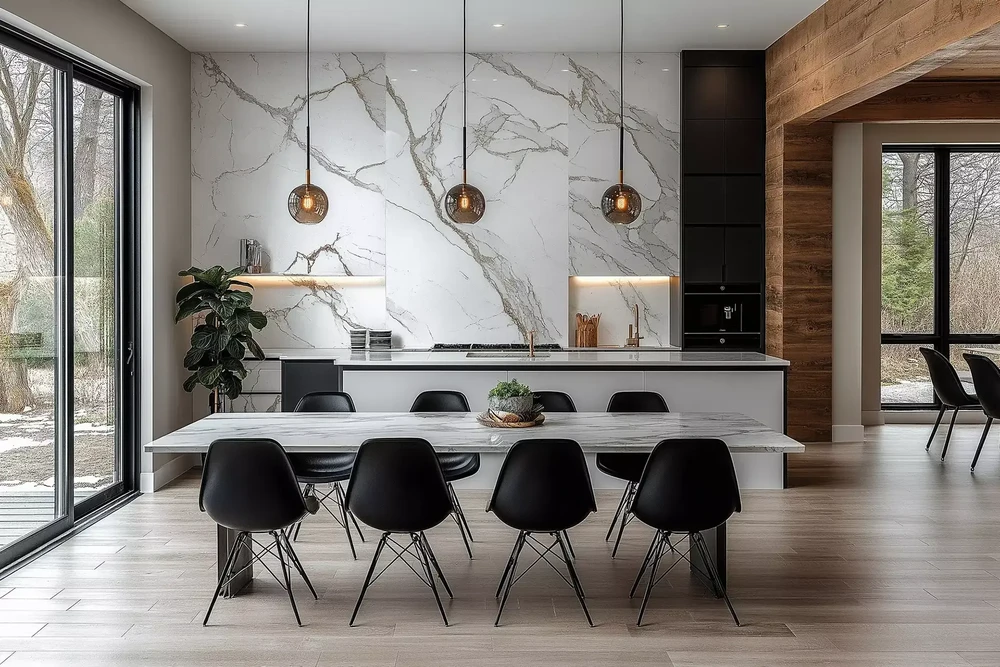 Cuisine moderne ouverte avec salle à manger intégrée