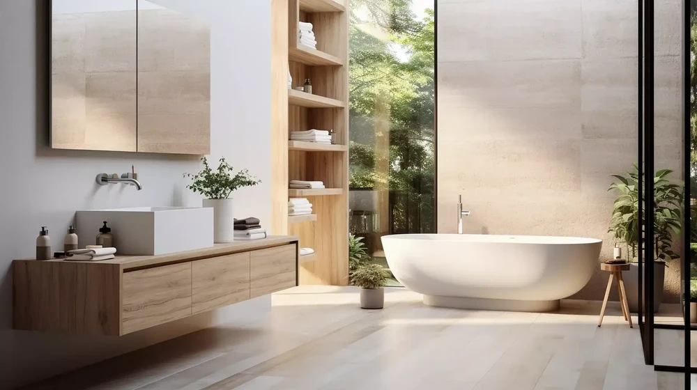 Salle de bains moderne épurée avec baignoire îlot blanche ovale, meuble vasque suspendu en bois naturel, étagère murale assortie