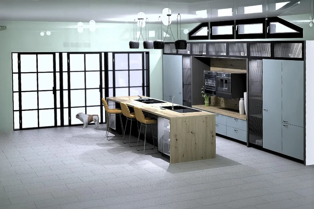 Cuisine moderne ouverte avec îlot central en bois clair, chaises hautes jaunes, verrière industrielle noire