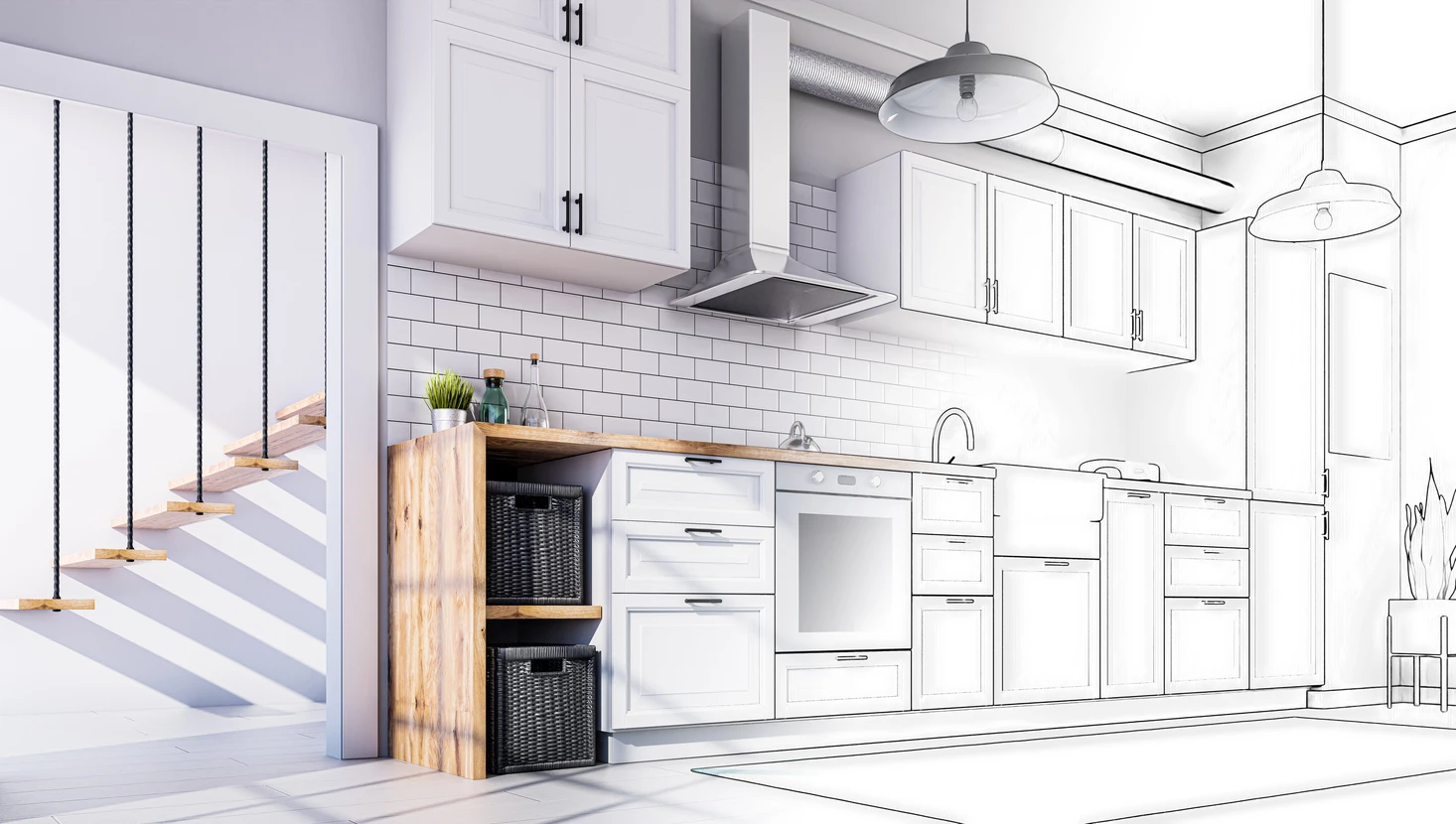 Projet et réalisation de croquis de cuisine de style scandinave - rendu 3d