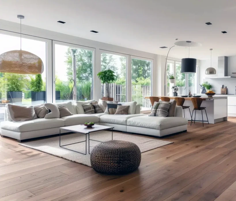 Salon moderne lumineux avec canapé sectionnel blanc, cuisine ouverte avec îlot et tabourets en bois