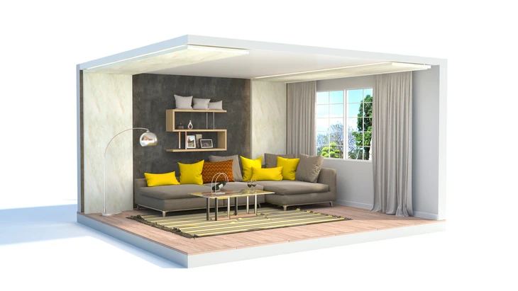 Main &agrave; crayon dessinant cuisine moderne ouverte avec &icirc;lot central