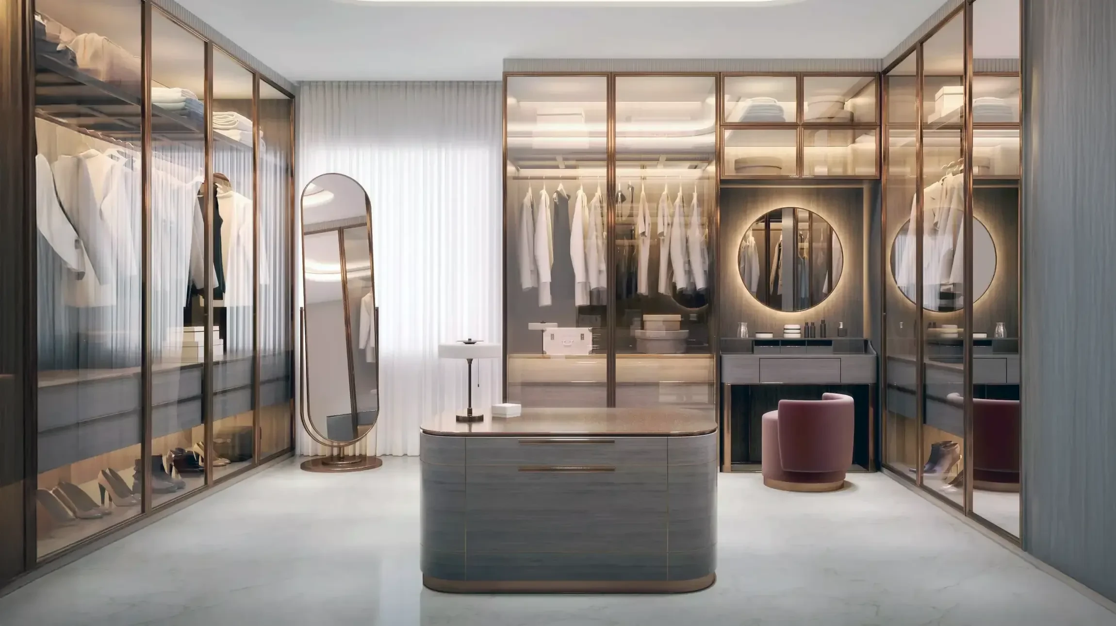 Chambre moderne avec lit gris équipé de tiroirs de rangement coulissants intégrés