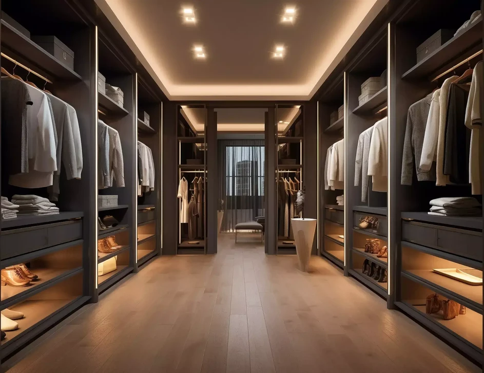 Dressing-room moderne avec système de rangement modulaire blanc, penderies organisées par couleurs vives (jaune, orange, rose), étagères compartimentées pour chaussures et accessoires, tiroirs intégrés