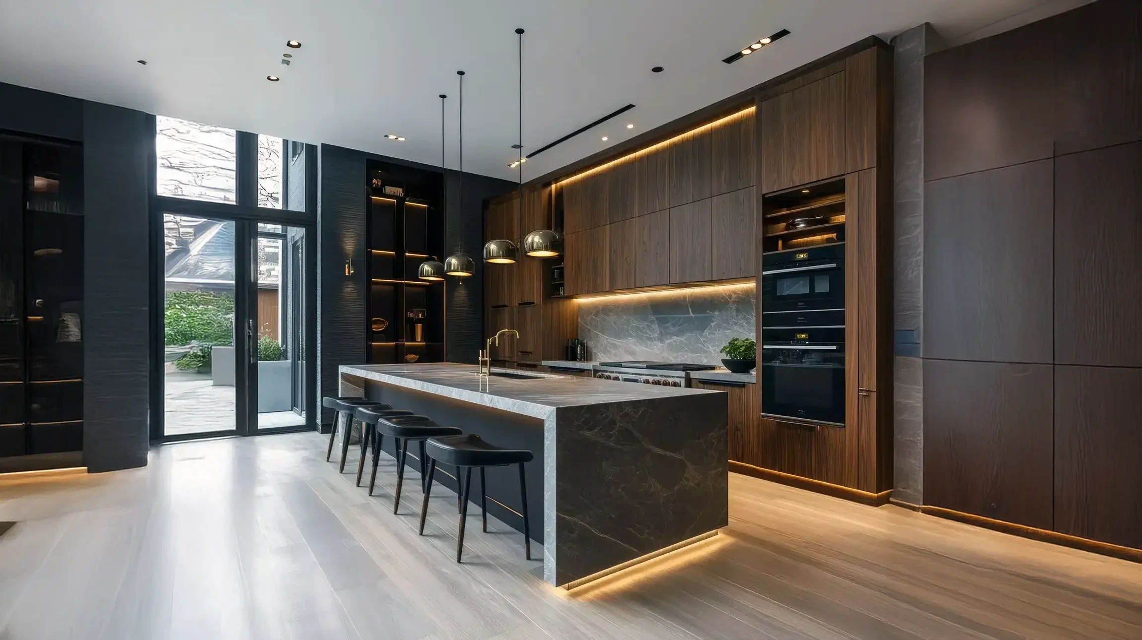 Bureau moderne avec table en bois et pieds métalliques noirs, écran d'ordinateur, lampe de bureau articulée