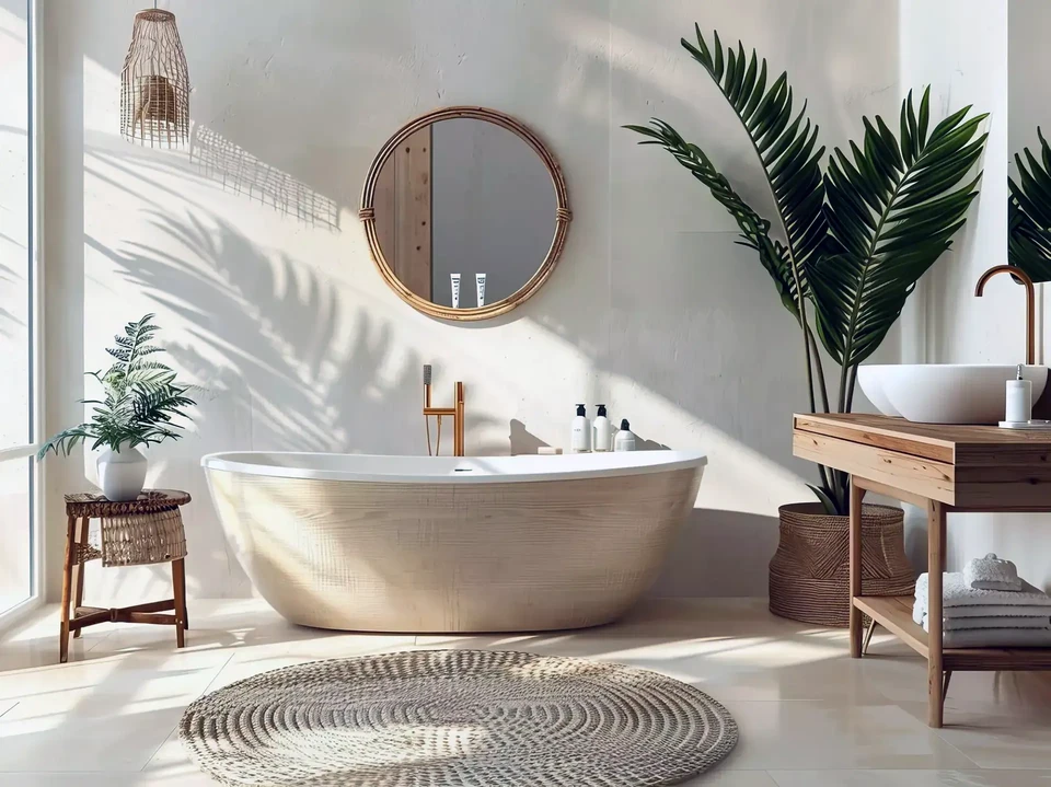 Un artisan en salopette bleue installe des meubles de cuisine blancs sur un escabeau dans une cuisine moderne