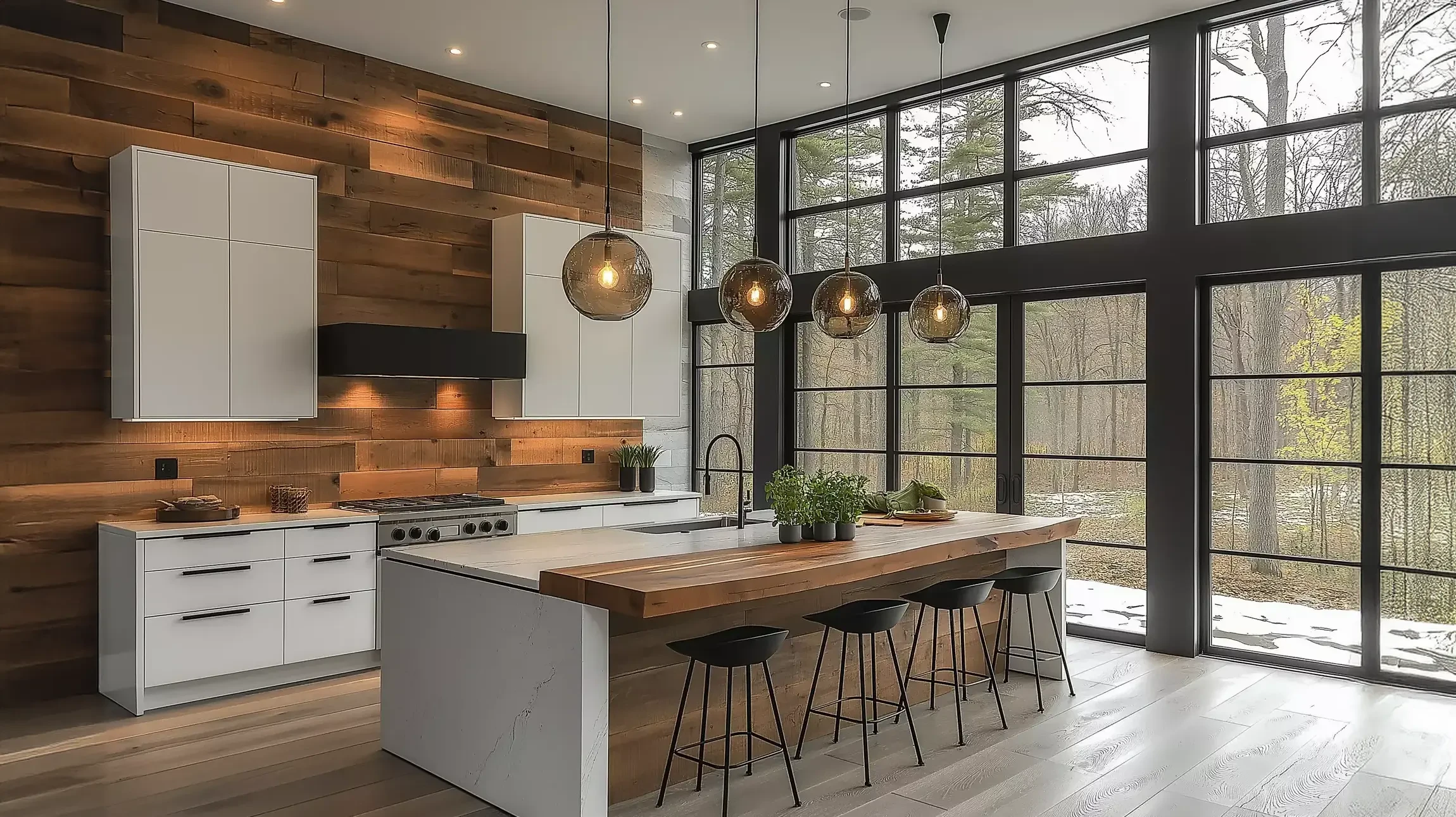 Cuisine moderne en L avec îlot, meubles bas en bois clair et plan de travail noir