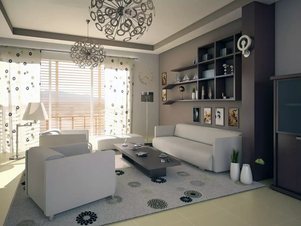 Intérieur moderne d'appartement en plan ouvert avec salon, cuisine et salle à manger