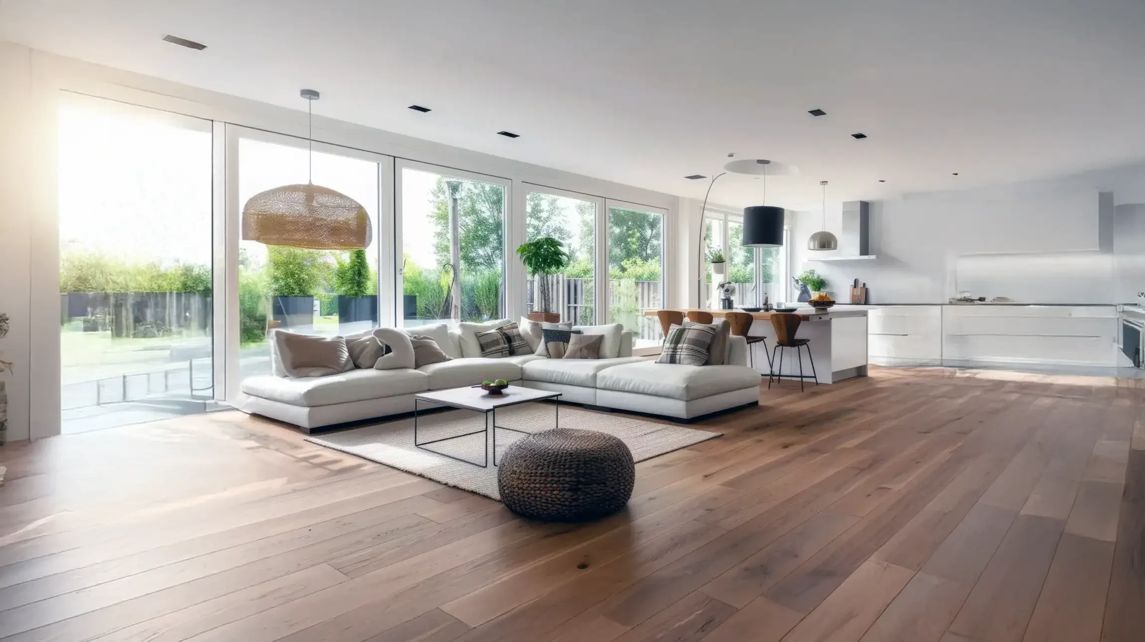 Cuisine moderne ouverte avec &icirc;lot central, mobilier en bois naturel et fa&ccedil;ades blanches laqu&eacute;es